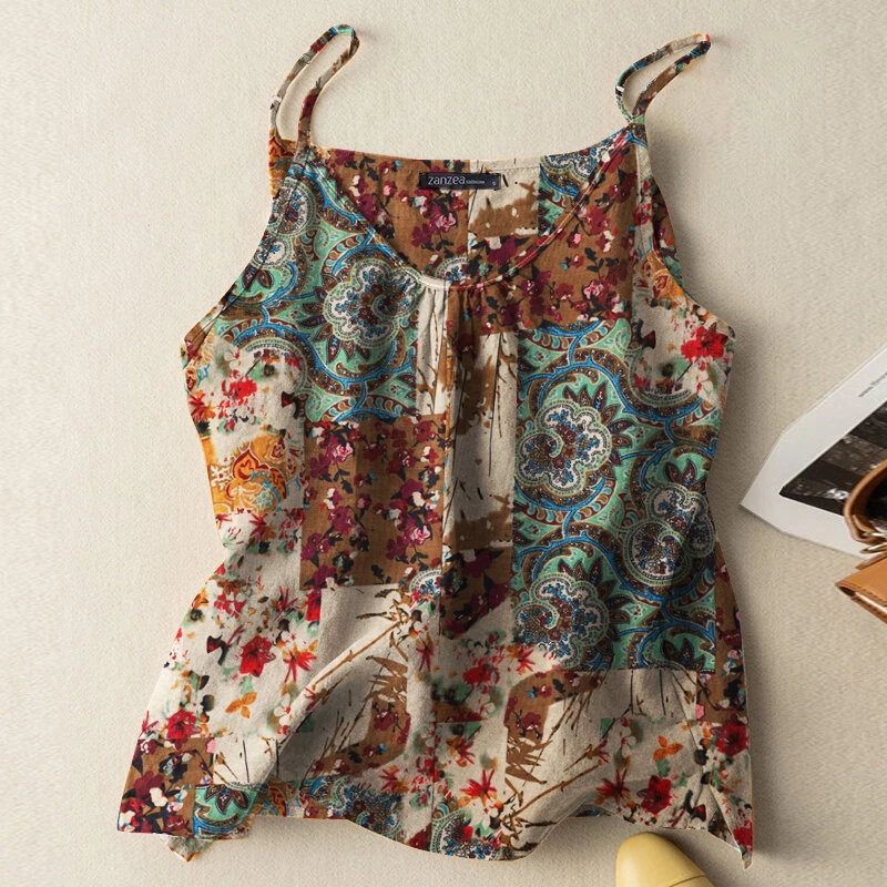 ZANZEA Women Camisole Tanks Top Ladies Cotton Linen Print Vest Sleeveless Undershirt Large Size Linen Loose Tanks (image for) ZANZEA Women Camisole Tanks Top Ladies Cotton Linen Print Vest Sleeveless Undershirt Large Size Linen Loose Tanks