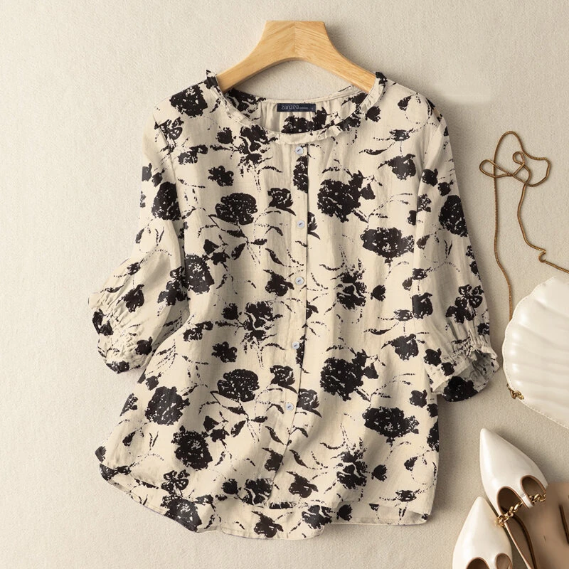 ZANZEA Women Flowers Print Shirt Ruffled stand-up Collar Design Vintage Blouse Medium-length Sleeve Plus Size Blouse Tops for Women (image for) ZANZEA Women Flowers Print Shirt Ruffled stand-up Collar Design Vintage Blouse Medium-length Sleeve Plus Size Blouse Tops for Women