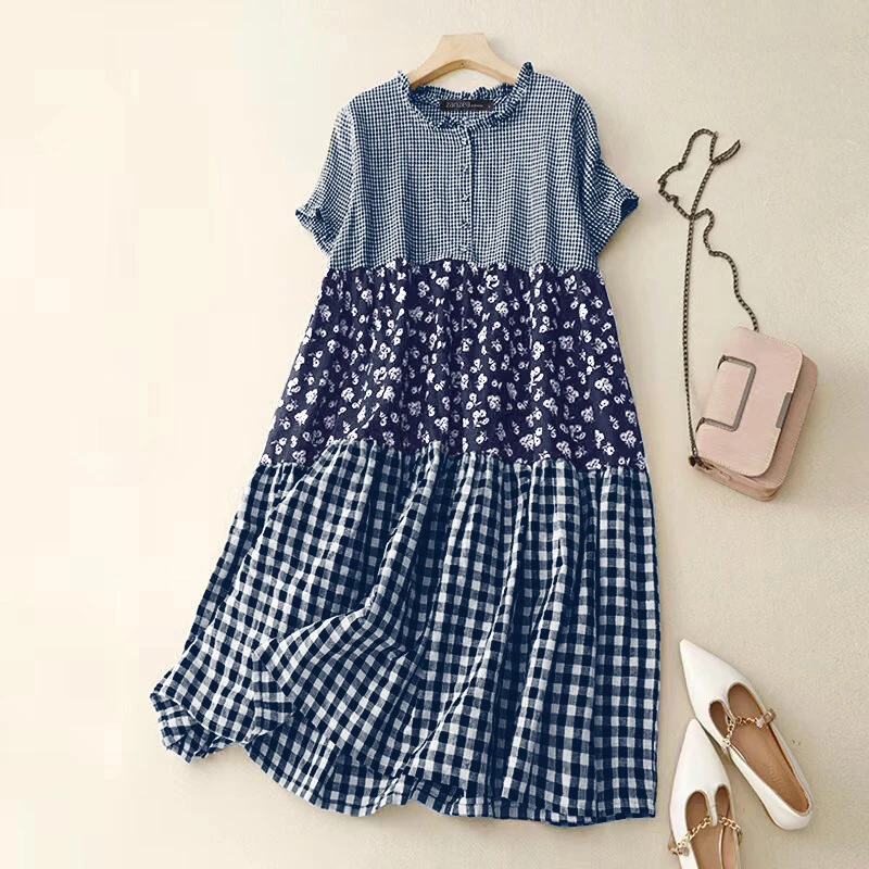 ZANZEA Women Loose Patchwork Check Floral Dress Stylish Short Sleeve Pleated Crew Neck Shirt Dress for Women Plus Size (image for) ZANZEA Women Loose Patchwork Check Floral Dress Stylish Short Sleeve Pleated Crew Neck Shirt Dress for Women Plus Size