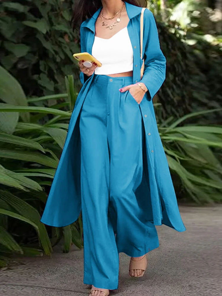 ZANZEA Women Plus Size Two Set Solid Button Lapel Long Sleeve Long Blouses and Pant Two Pieces Set (image for) ZANZEA Women Plus Size Two Set Solid Button Lapel Long Sleeve Long Blouses and Pant Two Pieces Set